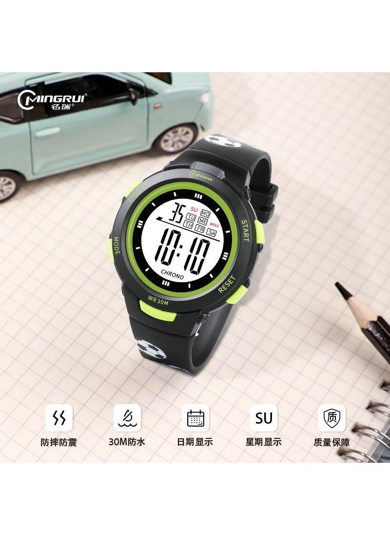 2022 Cartoon Print Girls Sports Watch Waterproof Black and green football
