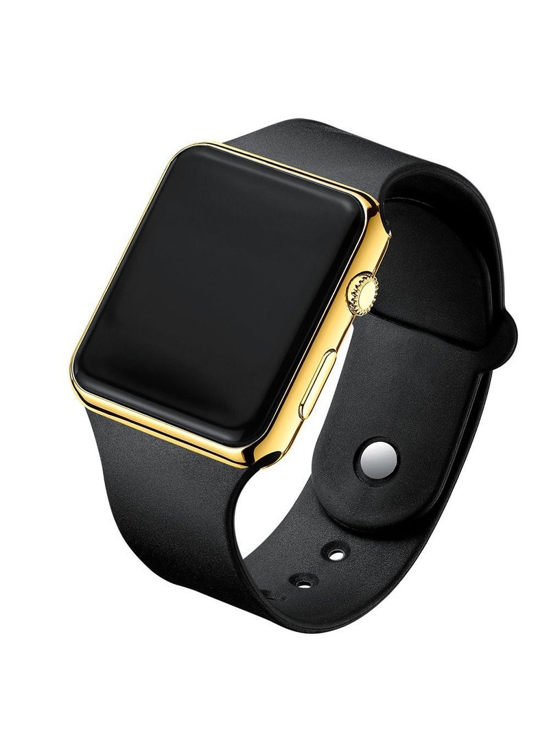 Summer push-button LED square display screen thin fashion electronic watch for lovers and students leisure sports electronic watch Gold shell Black Belt