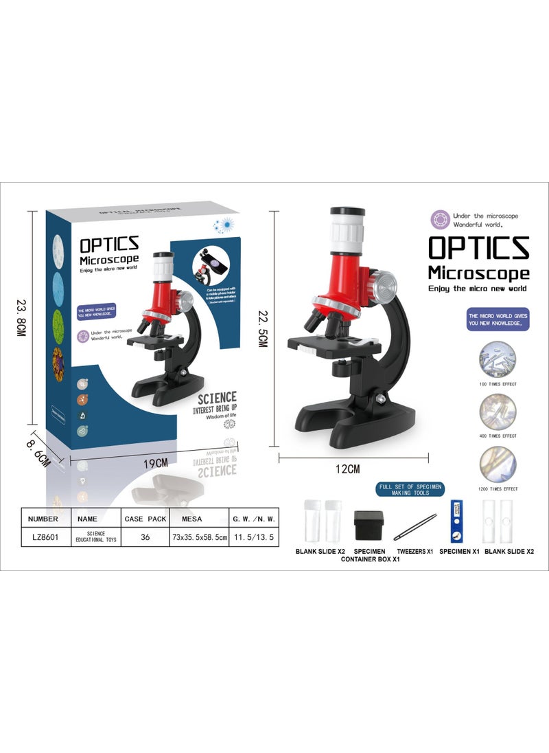 HD 1200 times microscope toy set Elementary School biological science experiment portable children educational gift 8601 (English) * Red White