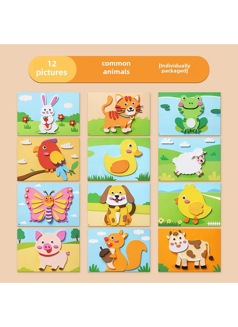 Childrens Handmade Diy3d Stereo Eva Sticker Princess Kindergarten Making Material Bag Girls Educational Sticker Toy [Common animals] a full set of 12/independent packaging