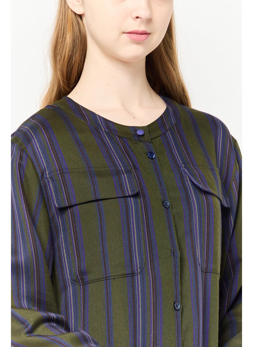 Women Round Neck Long Sleeves Stripe Blouse, Olive