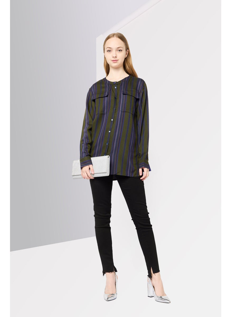 Women Round Neck Long Sleeves Stripe Blouse, Olive