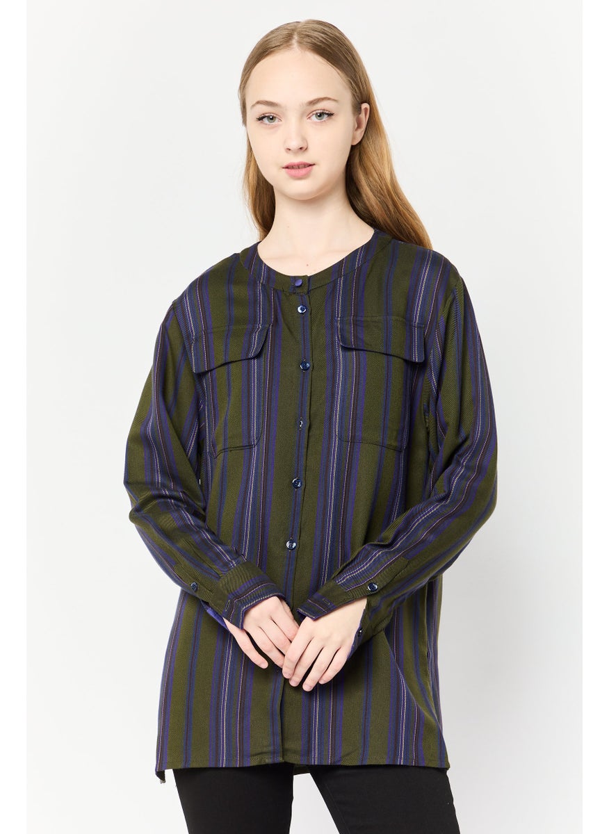 Women Round Neck Long Sleeves Stripe Blouse, Olive