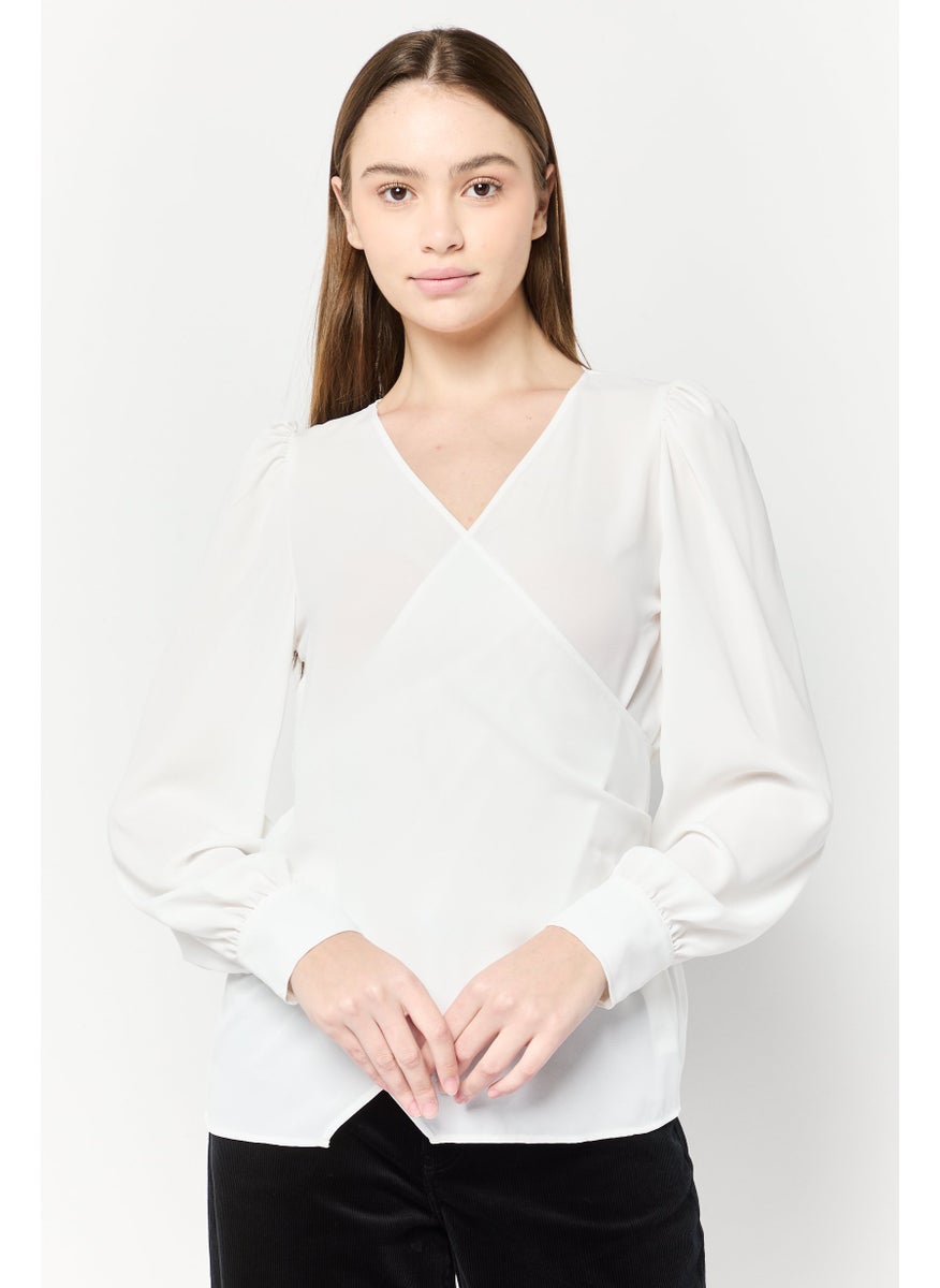 Women Surplice Neck Long Sleeves Solid Blouse, White