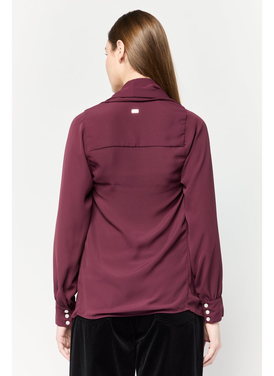 Women V-Neck Long Sleeve Solid Shirt, Maroon