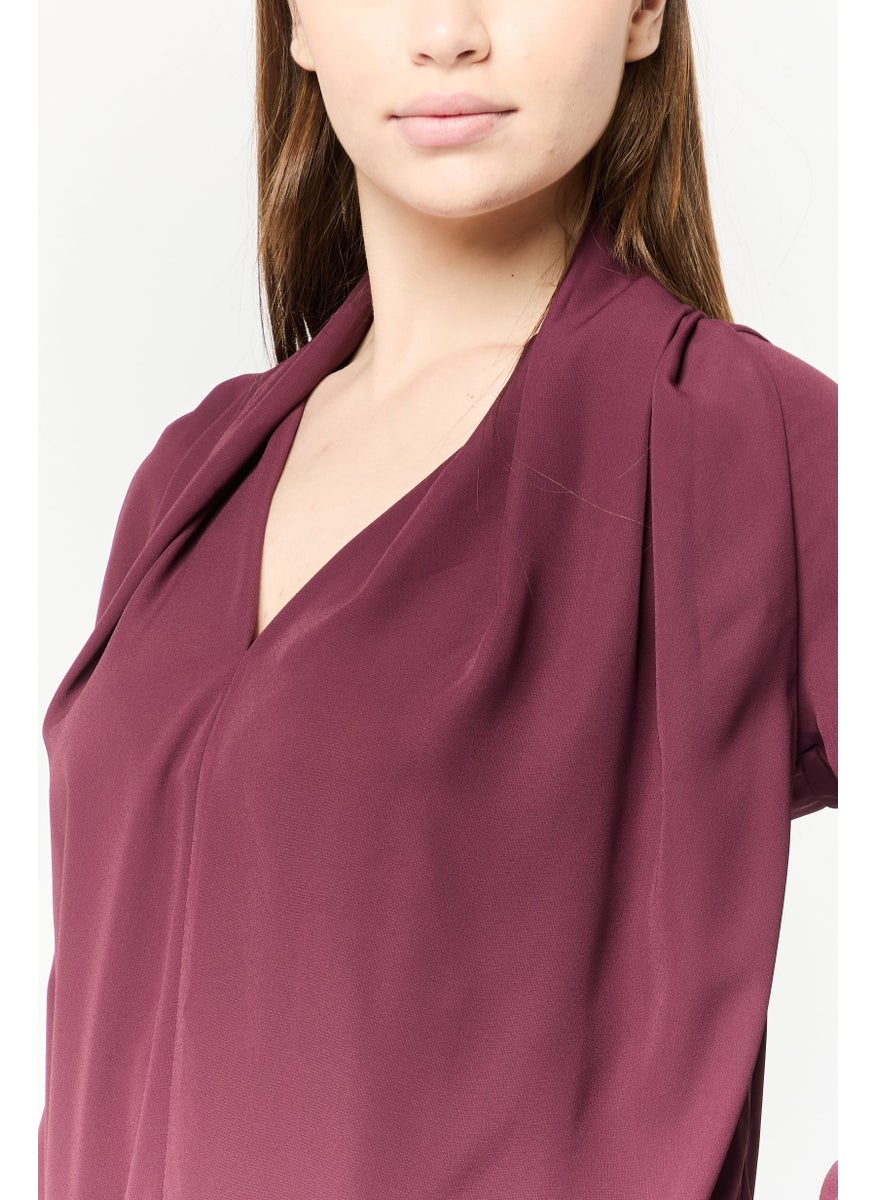 Women V-Neck Long Sleeve Solid Shirt, Maroon