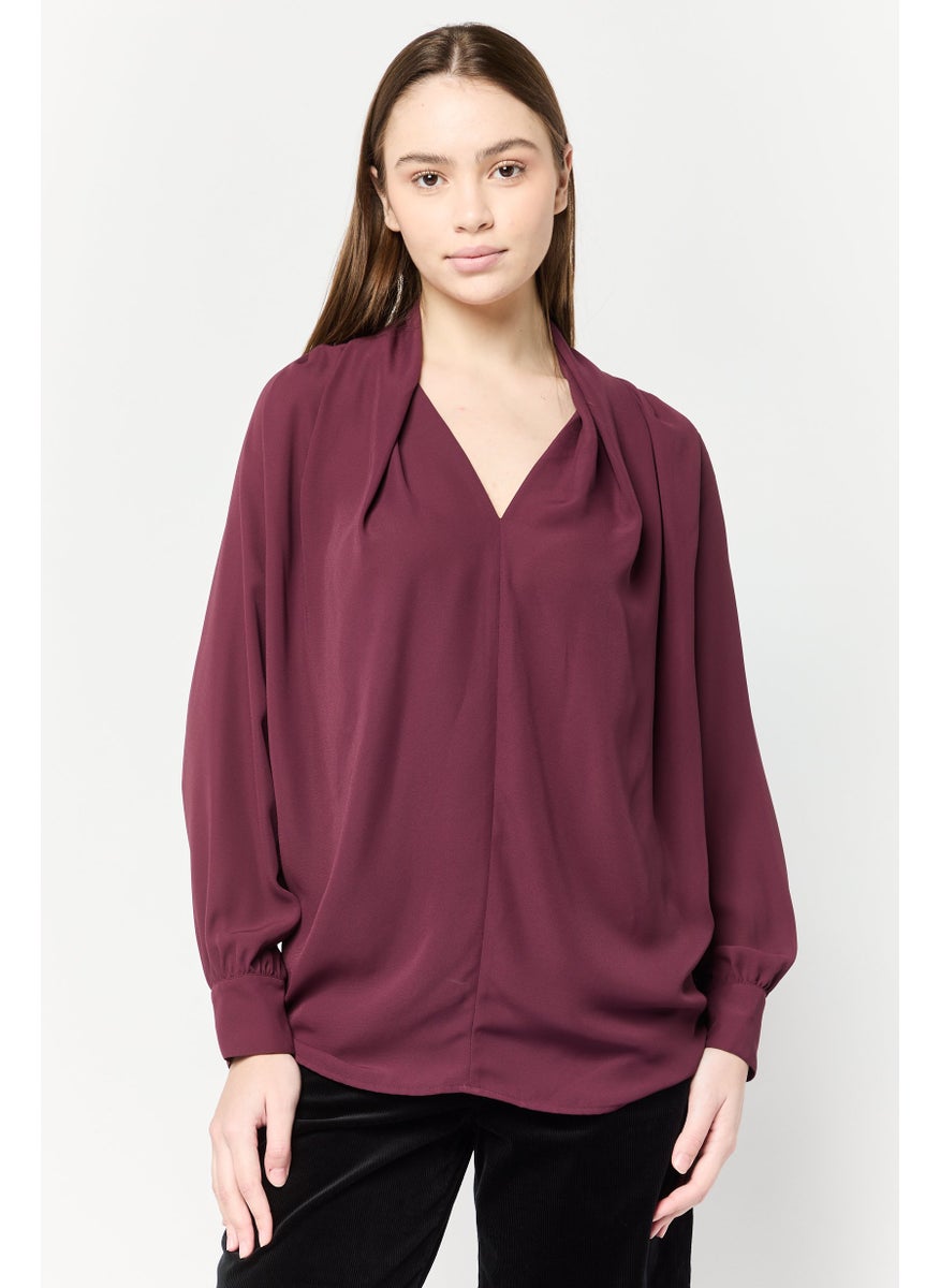 Women V-Neck Long Sleeve Solid Shirt, Maroon