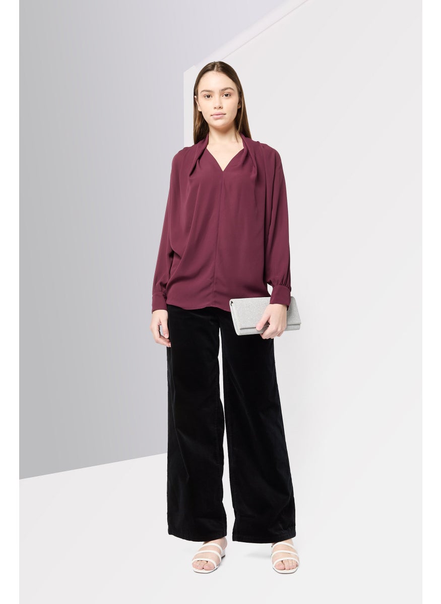 Women V-Neck Long Sleeve Solid Shirt, Maroon