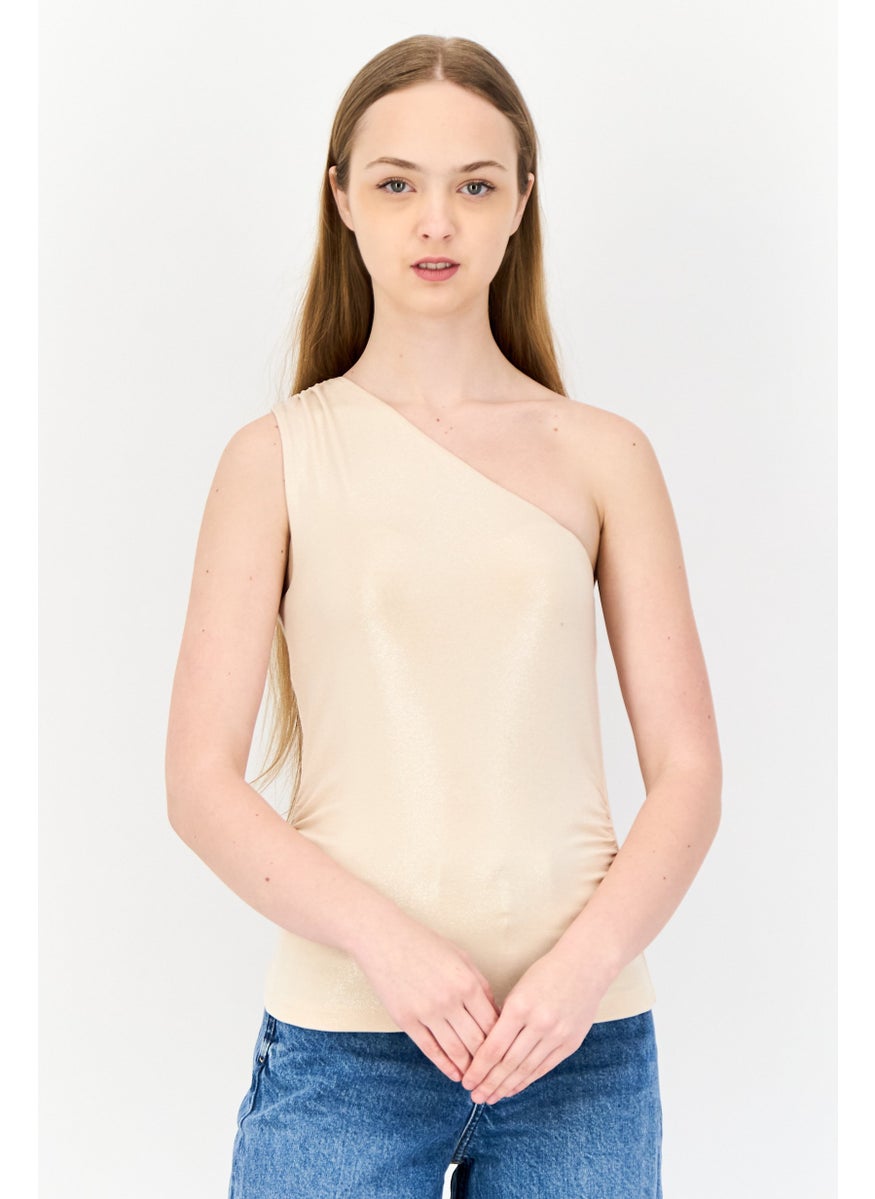 Women Asymmetrical Neck One Shoulder Sleeve Metallic Tank Top, Beige