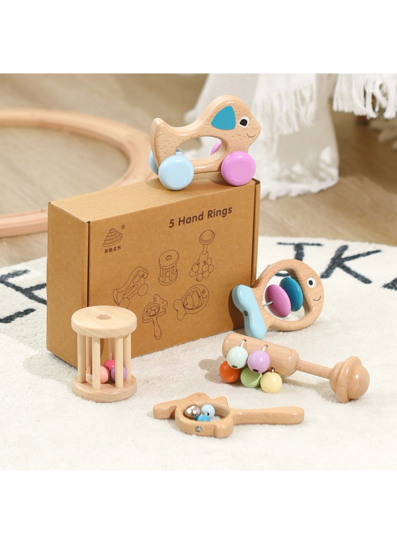 Wooden Baby Rattle Teether Set Color hand bell-Hao Jie