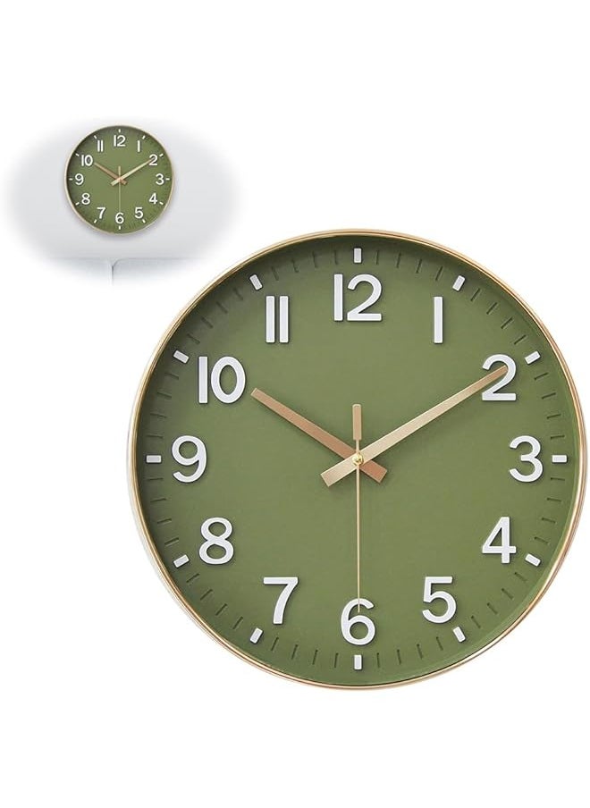 12-Inch Silent Non-Ticking Modern Wall Clock, Olive Green and Gold, for Living Room, Bedroom, Kitchen, Office, Classroom Decor, (Batteries not included)