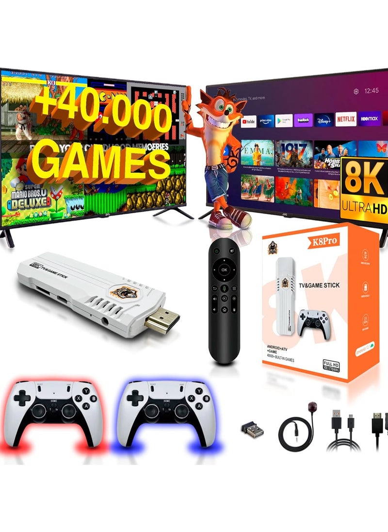 Retro Gaming Console + TV Stick SVP K8 Pro | 4K 64GB Storage | 40,000 Games & 15 Emulators (CPS, PS1, N64, MAME, NDS, DC, FC, GB, GBA, GBC, MD, SFC, Atari, SNES, NES)