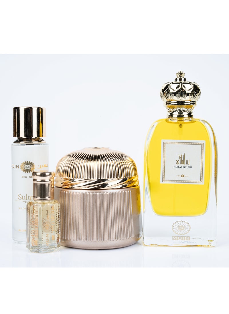 Hub Al Maliki Perfume Gift Set - Oud Bakhoor 100g, Musk Oil 12ml, Non-Alcoholic Perfume 30ml & 100ml Perfume - Arabic Fragrance, Long Lasting, Woody, and Spicy