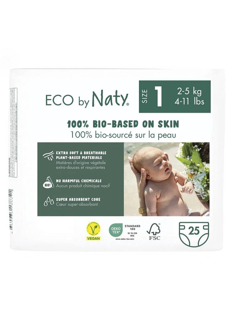 Naty Eco-Friendly Tape Style Diapers, 25 Pieces, Size 1, 2-5kg, Plant-Based, GM-Free, FSC Certified, Breathable and Rash-Preventing