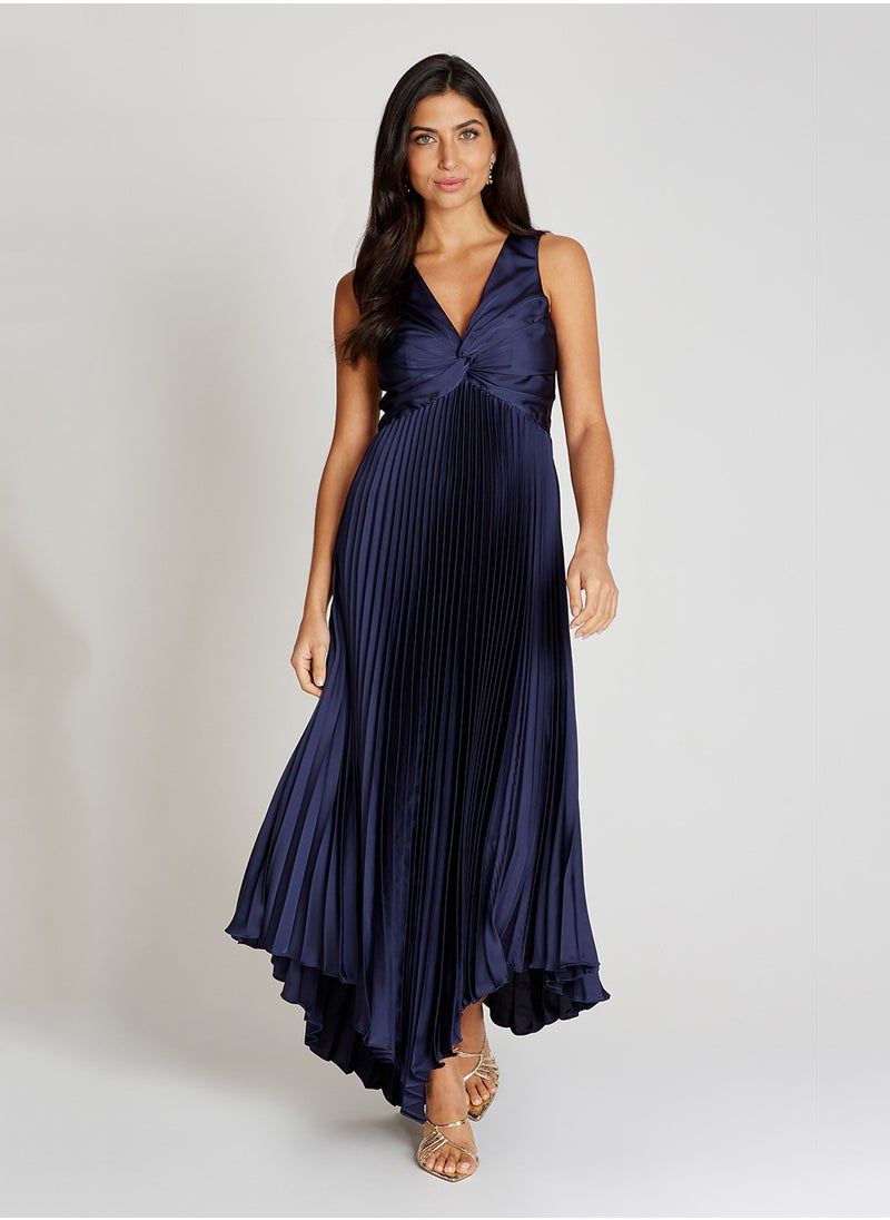 Pleated V Neck Maxi Dress