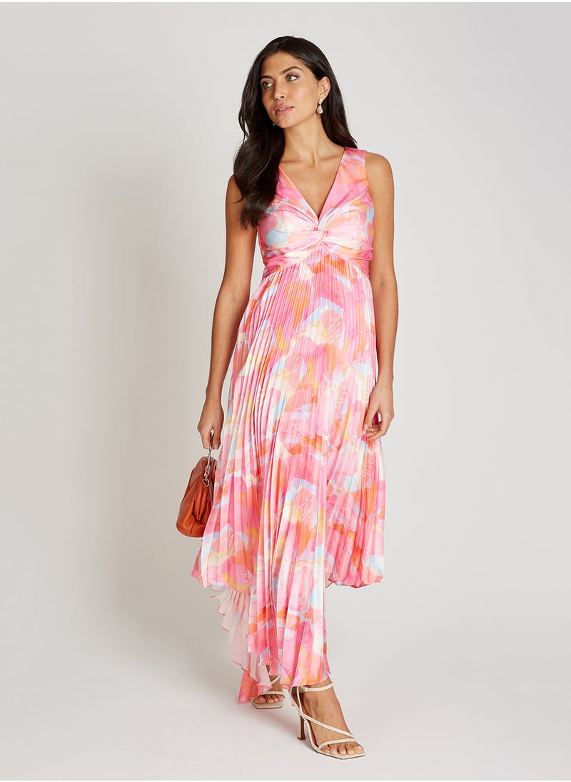 Pleated Plunge Neck Maxi Dress