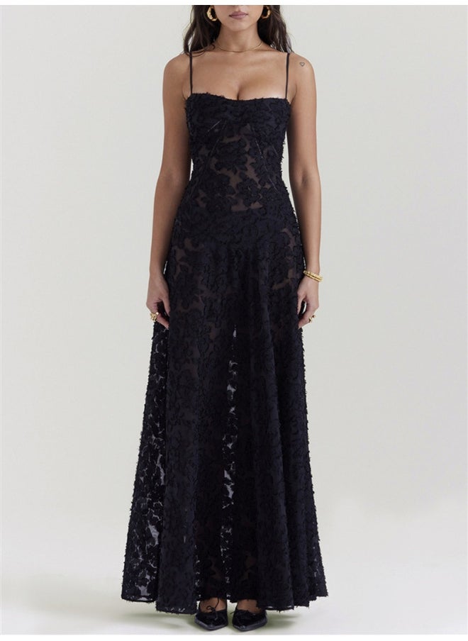 Floral Jacquard Tie-Back Waist-Defining Maxi Dress with Spaghetti Straps