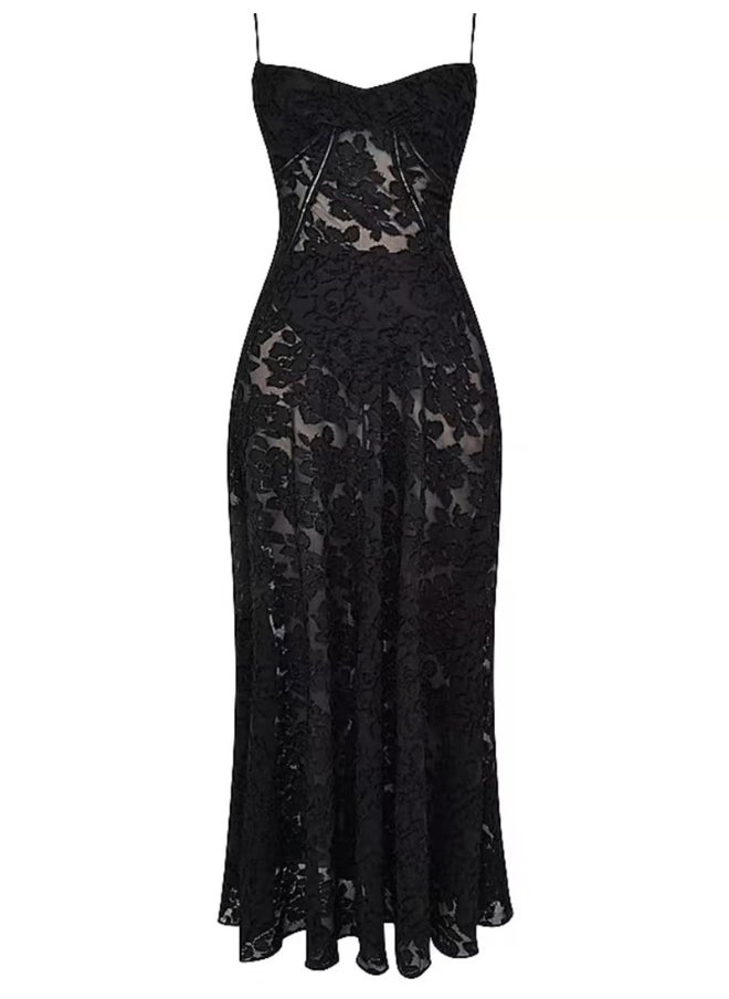 Floral Jacquard Tie-Back Waist-Defining Maxi Dress with Spaghetti Straps
