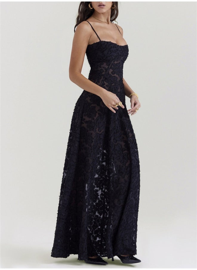 Floral Jacquard Tie-Back Waist-Defining Maxi Dress with Spaghetti Straps
