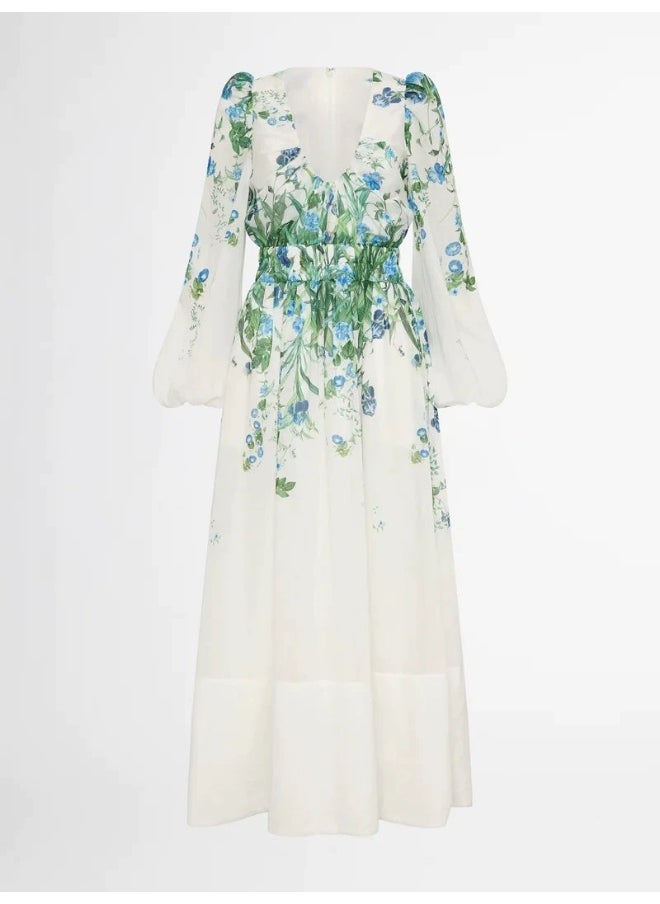 Elegant Floral U-Neck Lantern Sleeve Maxi Dress