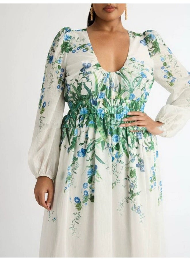 Elegant Floral U-Neck Lantern Sleeve Maxi Dress