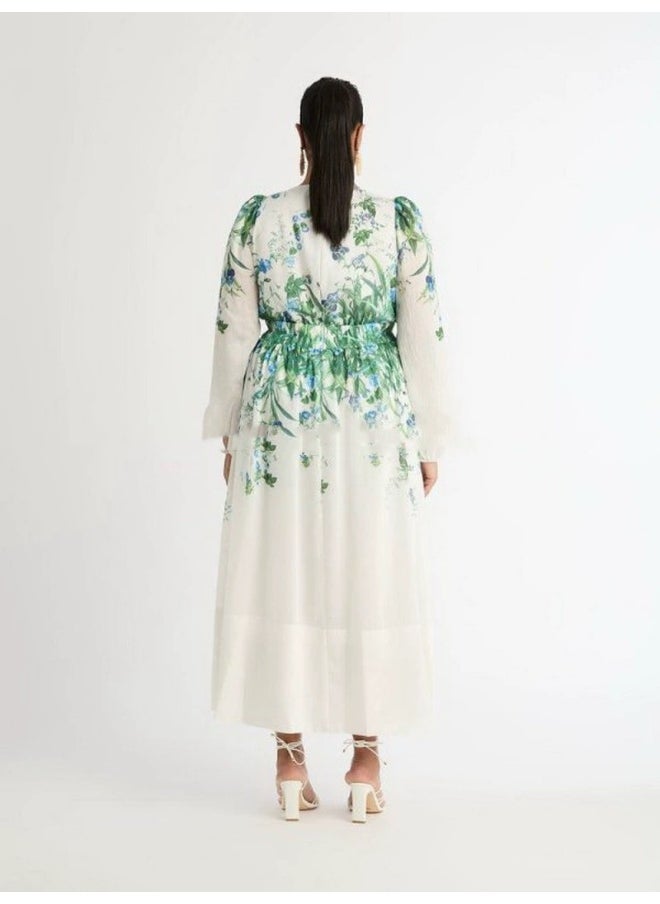 Elegant Floral U-Neck Lantern Sleeve Maxi Dress