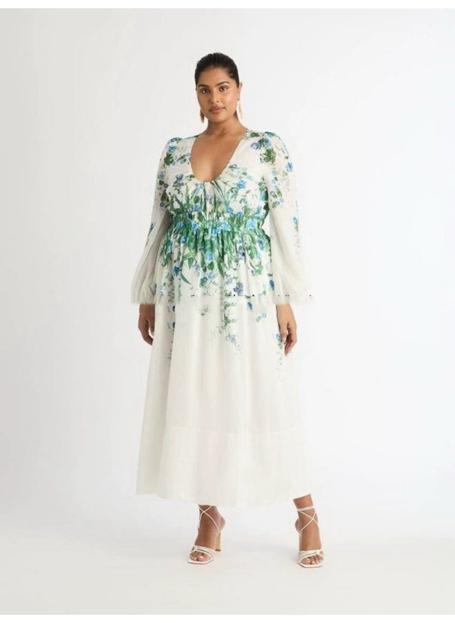 Elegant Floral U-Neck Lantern Sleeve Maxi Dress