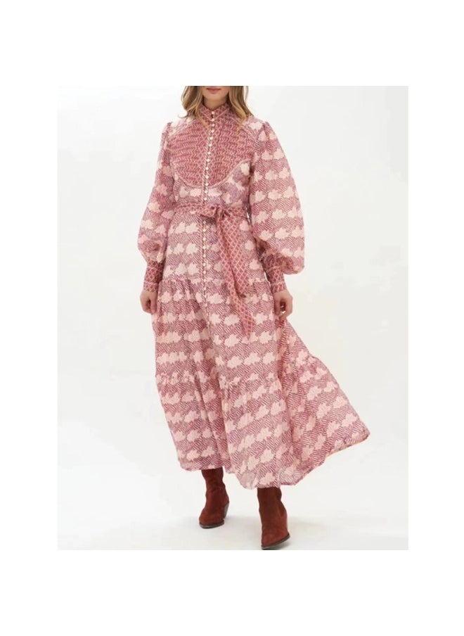 Vintage Maple Leaf Print Button-Up Loose Tie Waist Casual Holiday Maxi Dress