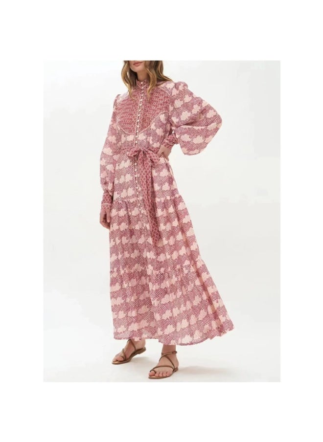 Vintage Maple Leaf Print Button-Up Loose Tie Waist Casual Holiday Maxi Dress