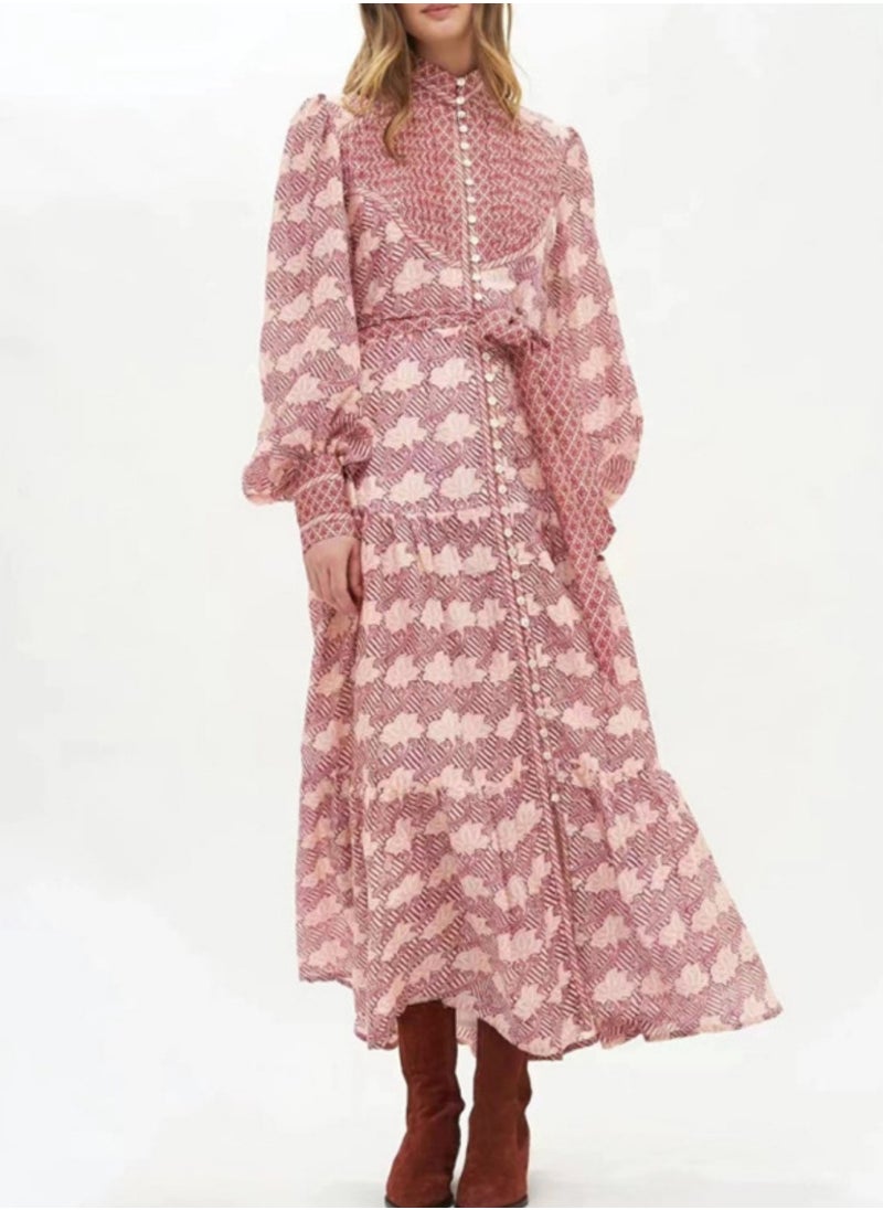 Vintage Maple Leaf Print Button-Up Loose Tie Waist Casual Holiday Maxi Dress