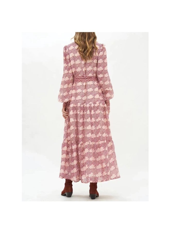 Vintage Maple Leaf Print Button-Up Loose Tie Waist Casual Holiday Maxi Dress
