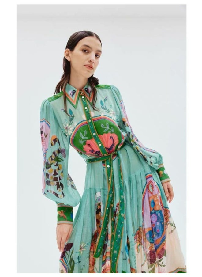 Personalized Printed Casual Vacation Shirt Collar Single-Breasted Flowing Maxi Dress