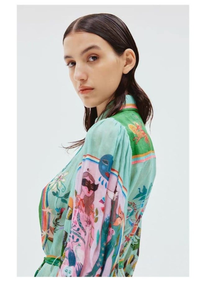 Personalized Printed Casual Vacation Shirt Collar Single-Breasted Flowing Maxi Dress