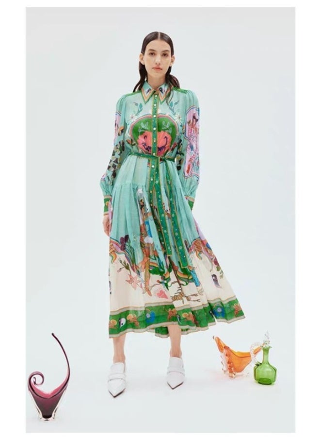 Personalized Printed Casual Vacation Shirt Collar Single-Breasted Flowing Maxi Dress
