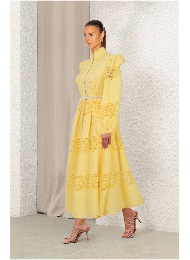 Vintage Royal Court Style Lantern Sleeve Hollow Lace Patchwork Maxi Dress