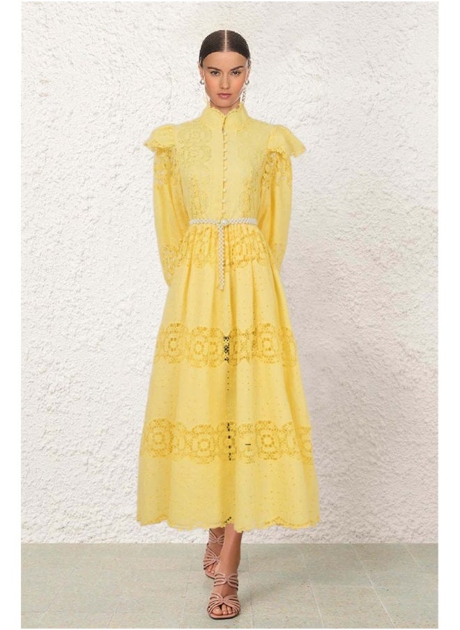 Vintage Royal Court Style Lantern Sleeve Hollow Lace Patchwork Maxi Dress