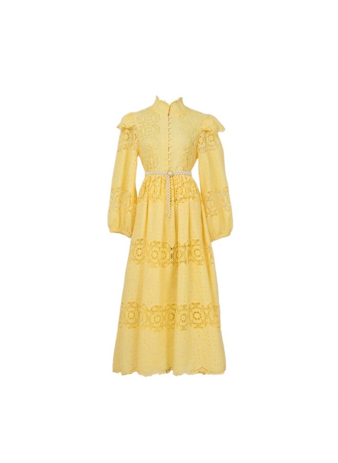 Vintage Royal Court Style Lantern Sleeve Hollow Lace Patchwork Maxi Dress