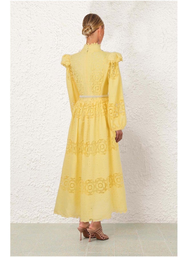Vintage Royal Court Style Lantern Sleeve Hollow Lace Patchwork Maxi Dress