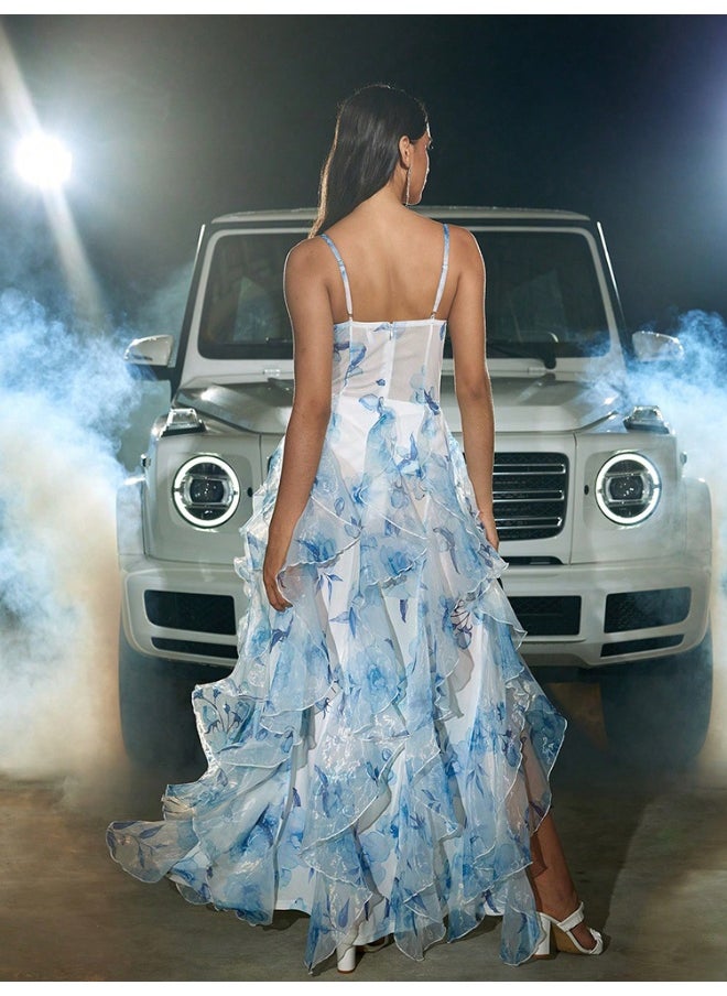 Holiday Style Lace-Trimmed Floral Print Chiffon Ruffle Spaghetti Strap Maxi Dress