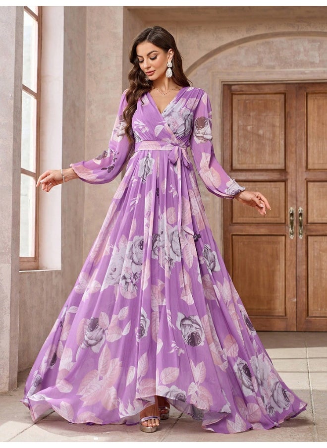 V-Neck Floral Print Maxi Dress for Parties