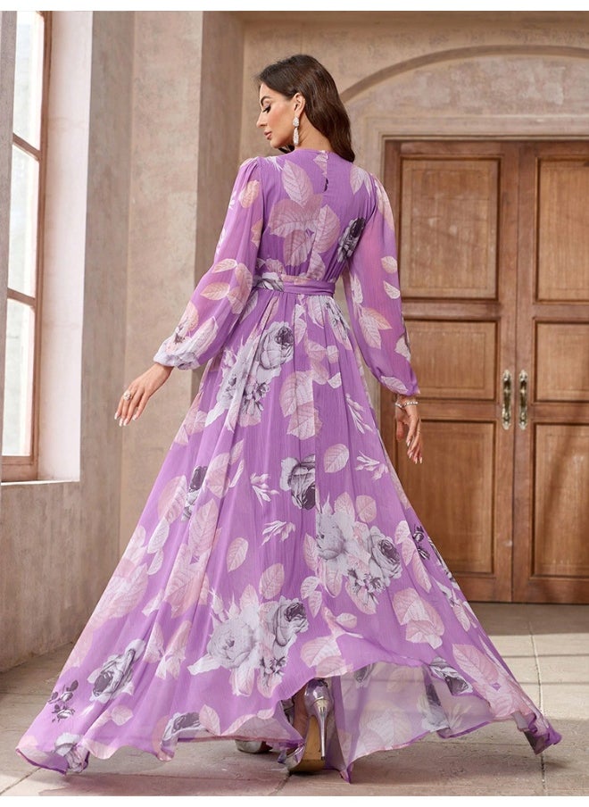 V-Neck Floral Print Maxi Dress for Parties