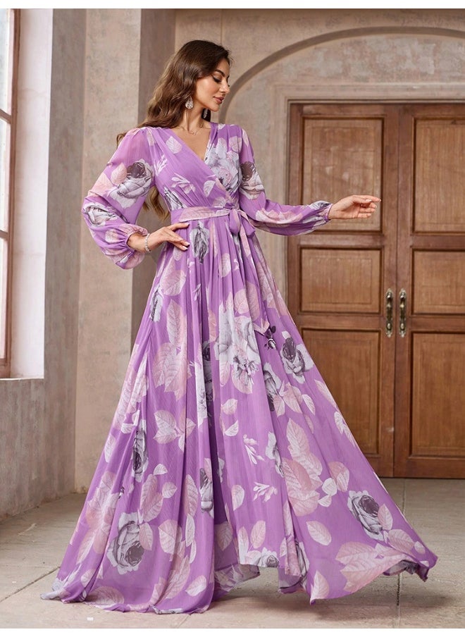V-Neck Floral Print Maxi Dress for Parties