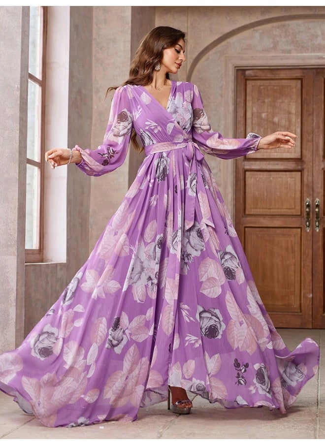 V-Neck Floral Print Maxi Dress for Parties