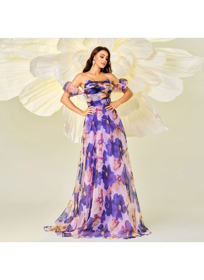 Strapless Off-Shoulder Fitted Waist Printed A-Line Evening Dress