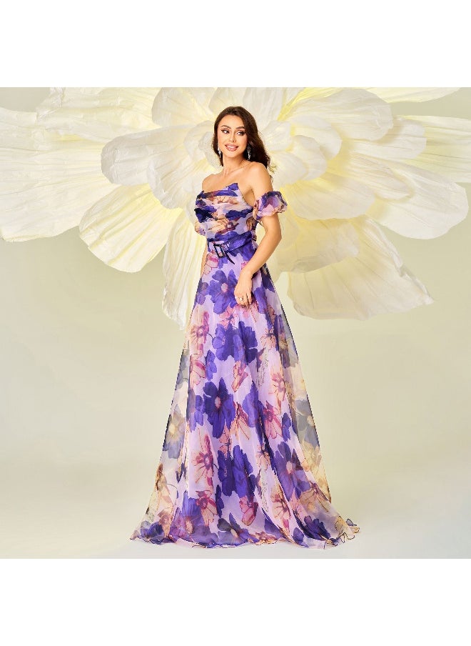 Strapless Off-Shoulder Fitted Waist Printed A-Line Evening Dress