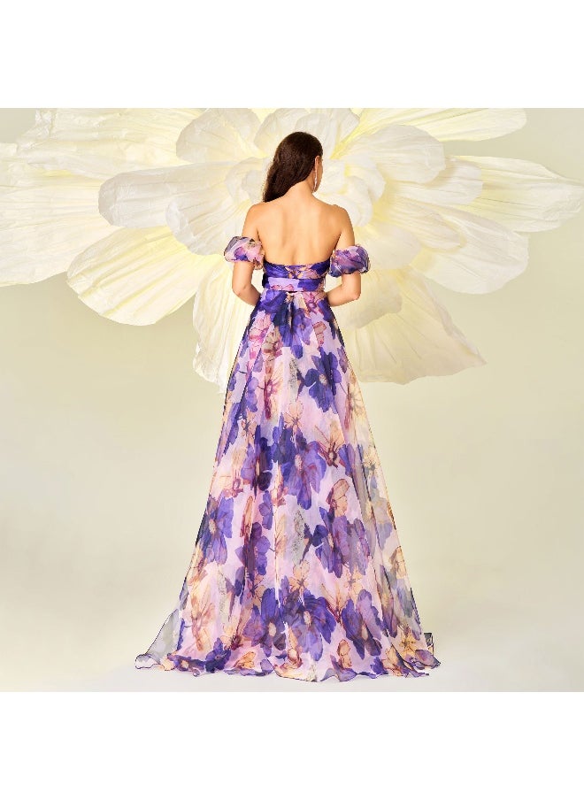 Strapless Off-Shoulder Fitted Waist Printed A-Line Evening Dress