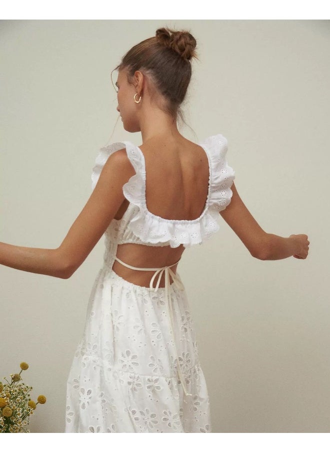 White Backless High-Slit Cotton Embroidered Lace Holiday Maxi Dress