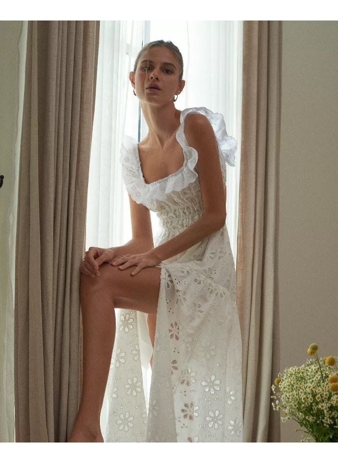 White Backless High-Slit Cotton Embroidered Lace Holiday Maxi Dress