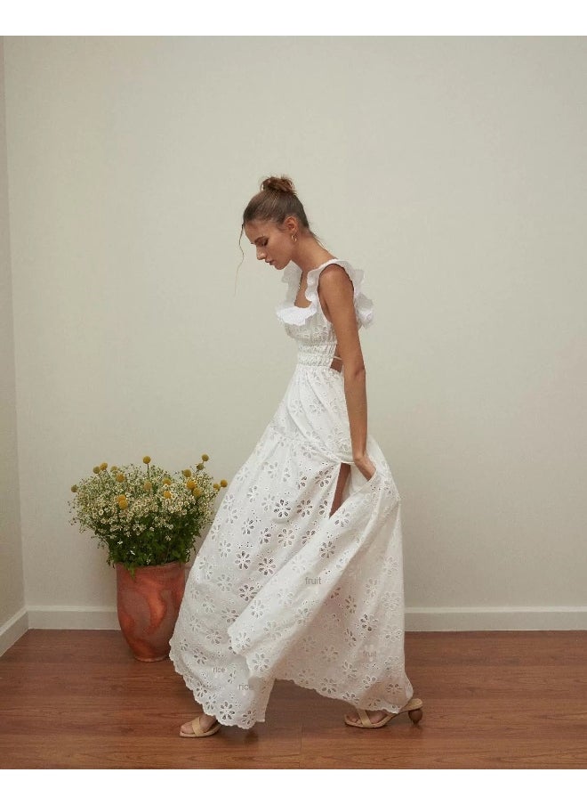 White Backless High-Slit Cotton Embroidered Lace Holiday Maxi Dress