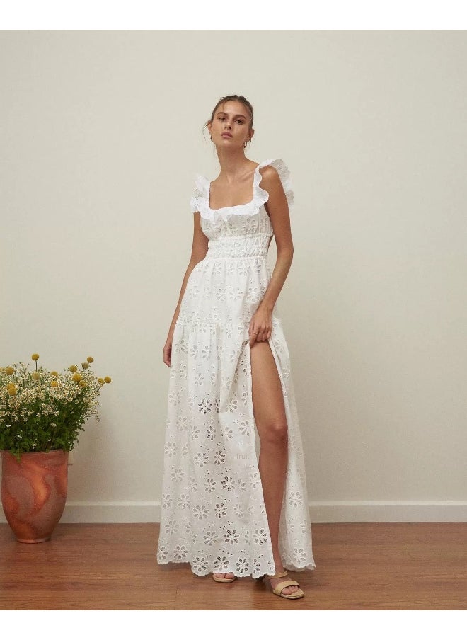 White Backless High-Slit Cotton Embroidered Lace Holiday Maxi Dress